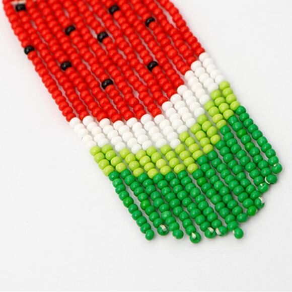 Watermelon Boho Seed Bead Tassel Dangling Statement French Wire Hook Earrings - Picture 2 of 8